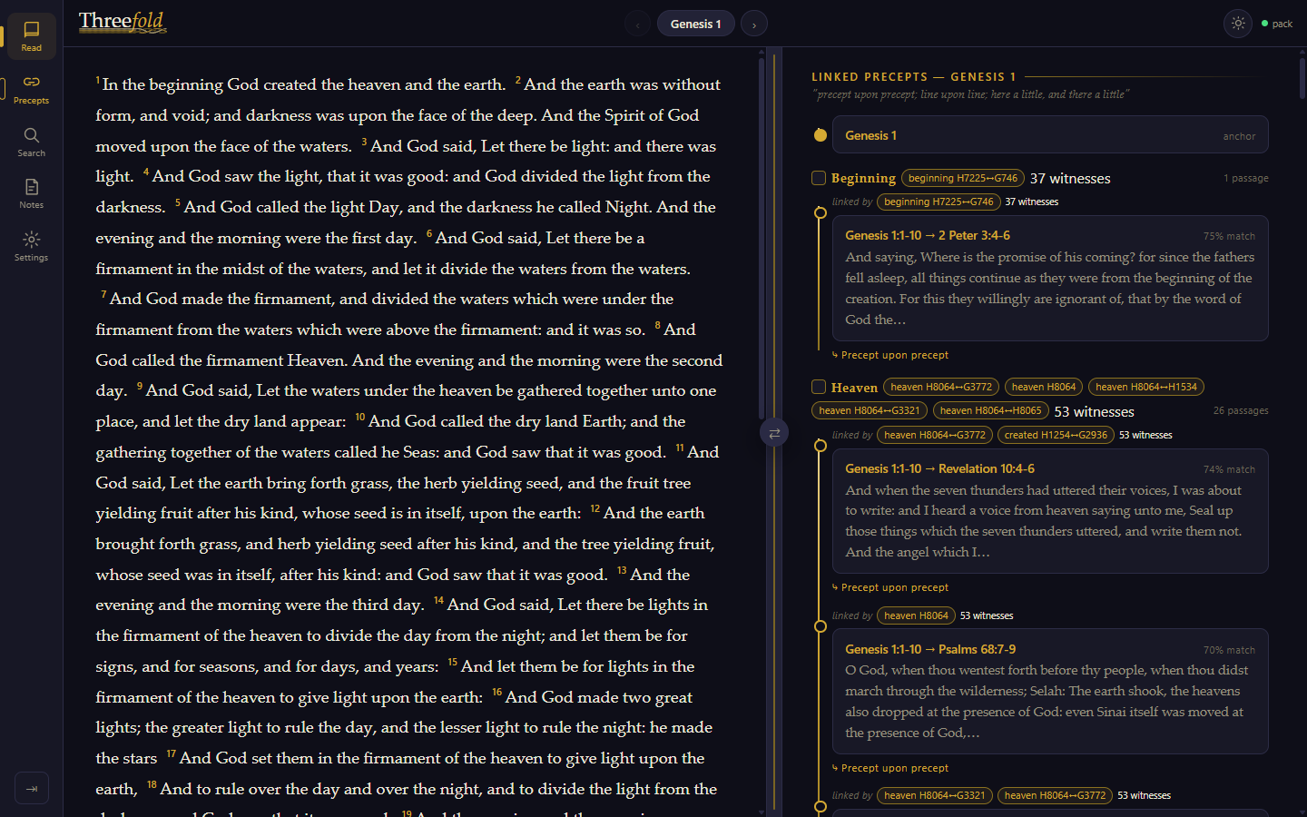 Threefold on a desktop: Genesis 1 on the left, its linked precepts on the right with witness counts