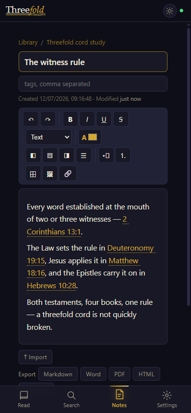 A study note titled 'The witness rule' with gold verse links