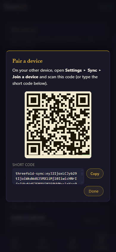 Threefold's pairing screen with a code for your other device to scan