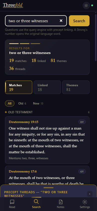 Searching 'two or three witnesses' in Threefold: 19 matches, 36 threads, Deuteronomy 19:15 first